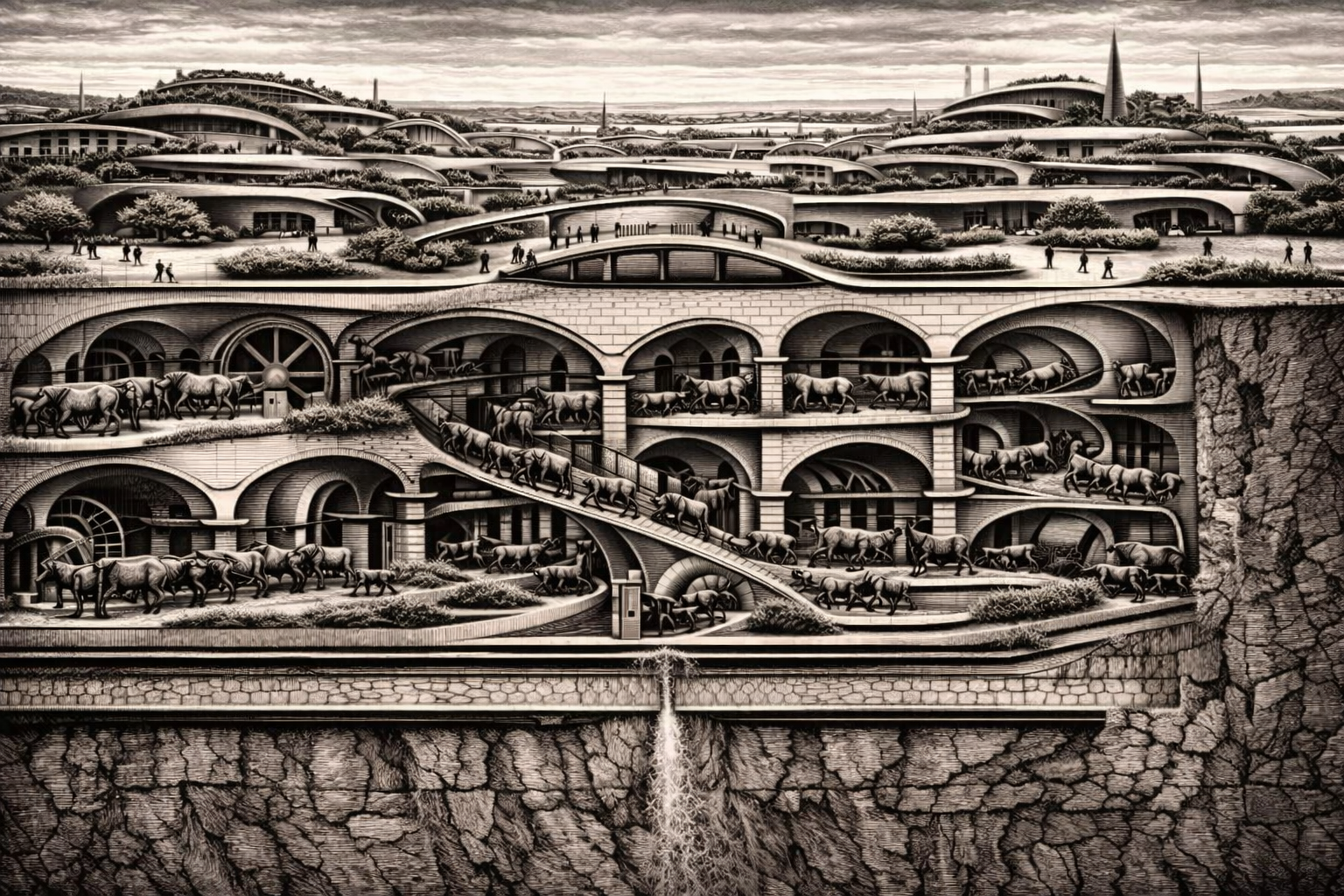 Speculative future — organic architecture above, engineered animal infrastructure below, evolved together